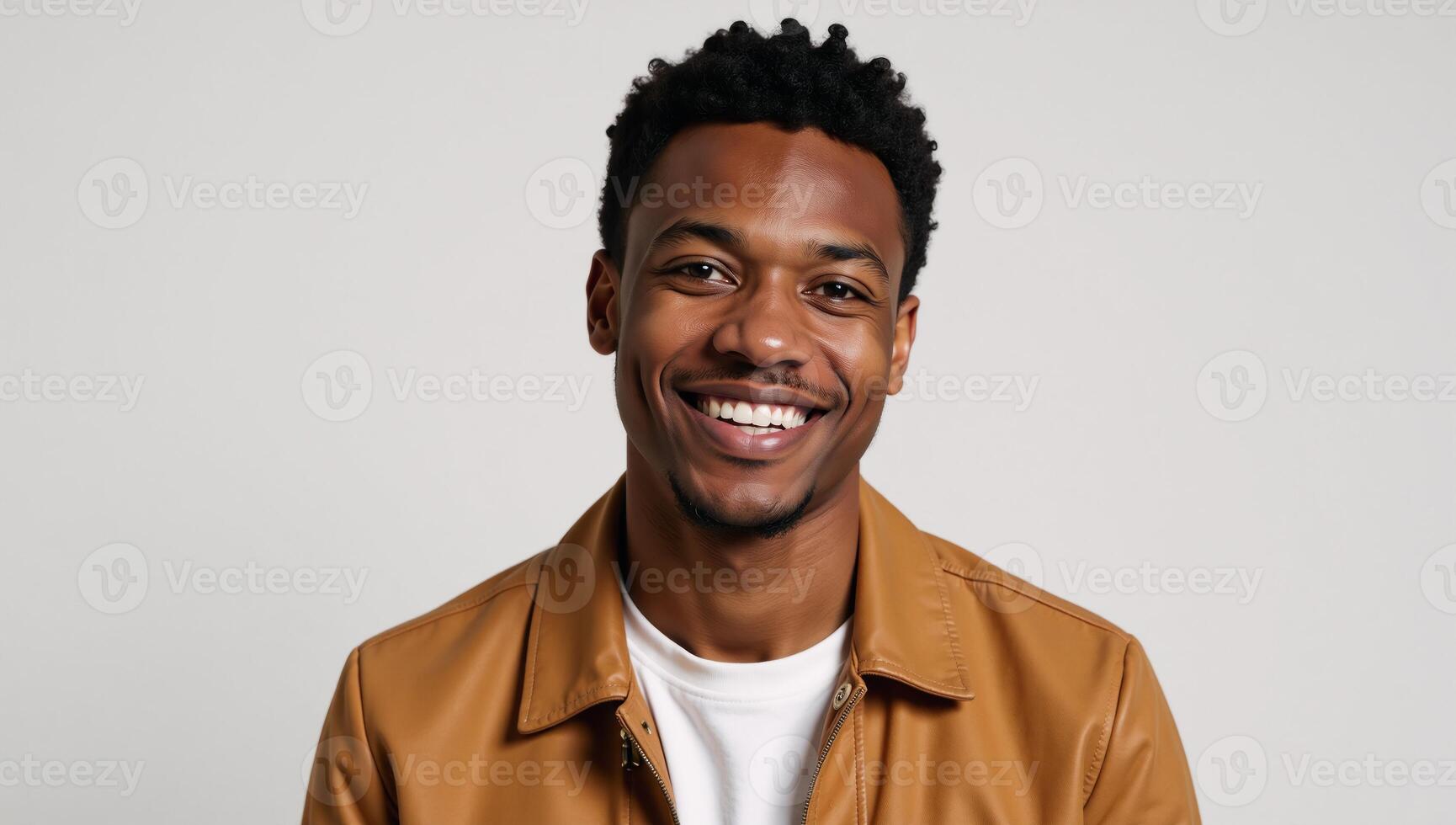 A cheerful contemporary studio portrait showcases an energetic AfricanAmerican young man photo