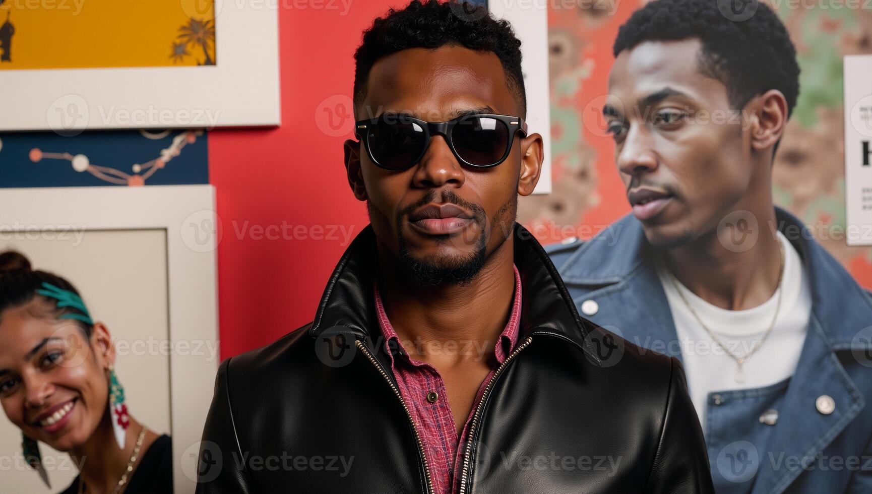 Modernistic digital illustration features an urbanchic African American man in sunglasses amidst abstraction and style photo