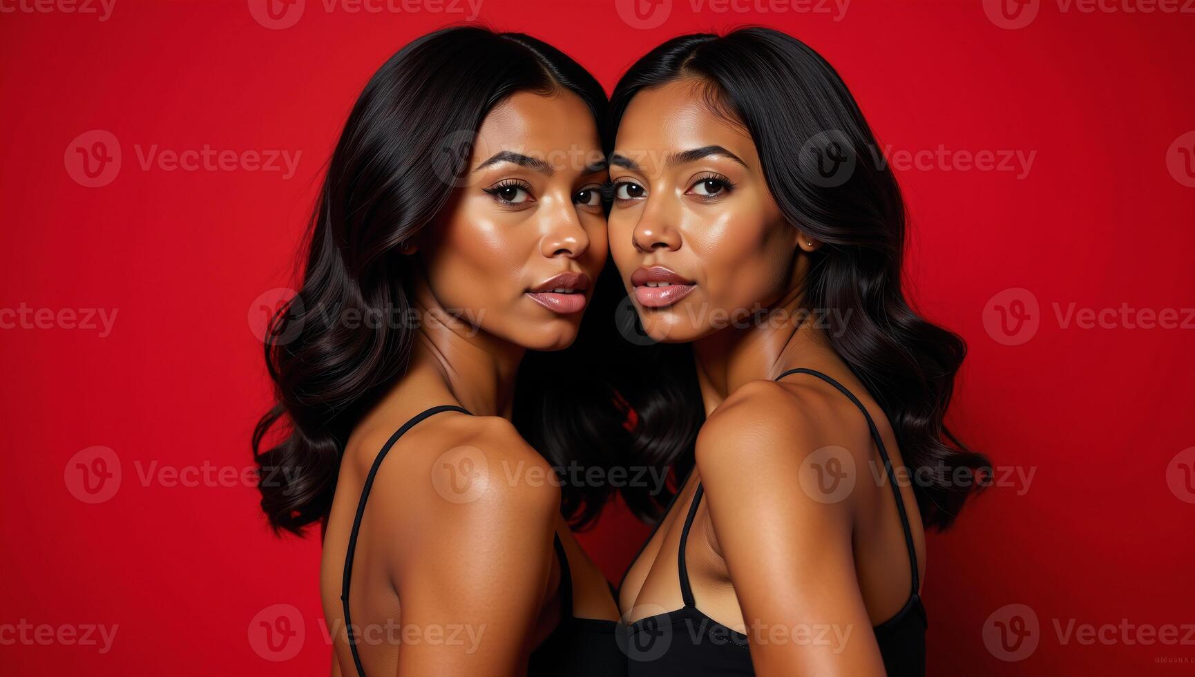 Two AfricanAmerican women both with flowing black waves posed closely on a red backdrop photo