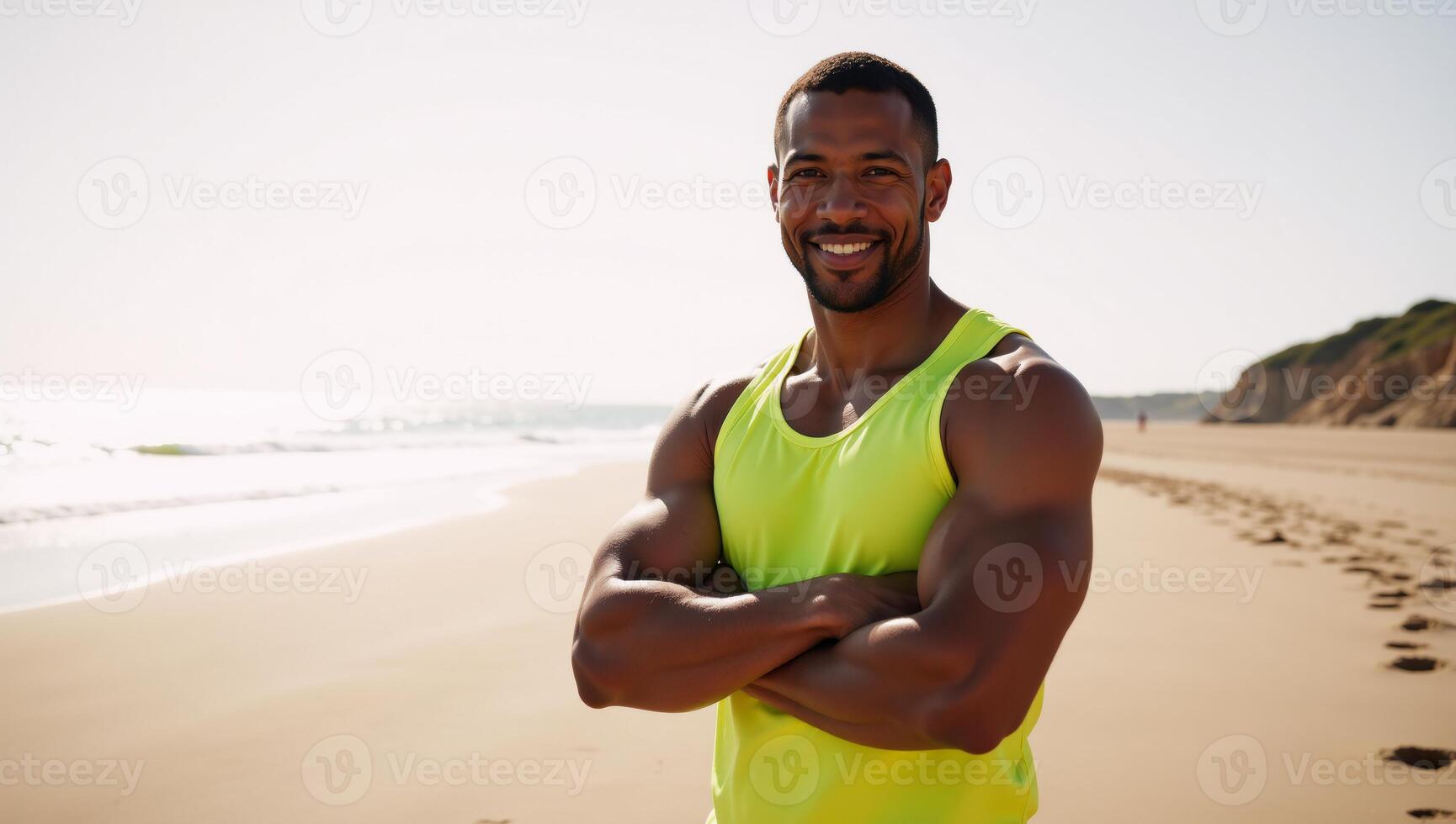 A resolute AfricanAmerican lifeguard dons a yellow tank top stationed at a lively beach in midday photo