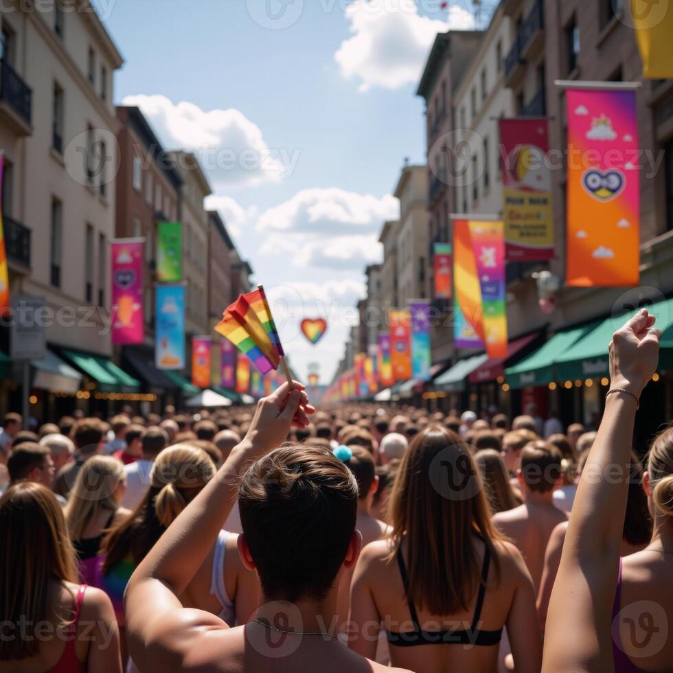Brightly colored AIgenerated image featuring a closeup view of a vibrant gay pride parade with waving rainbow flags photo