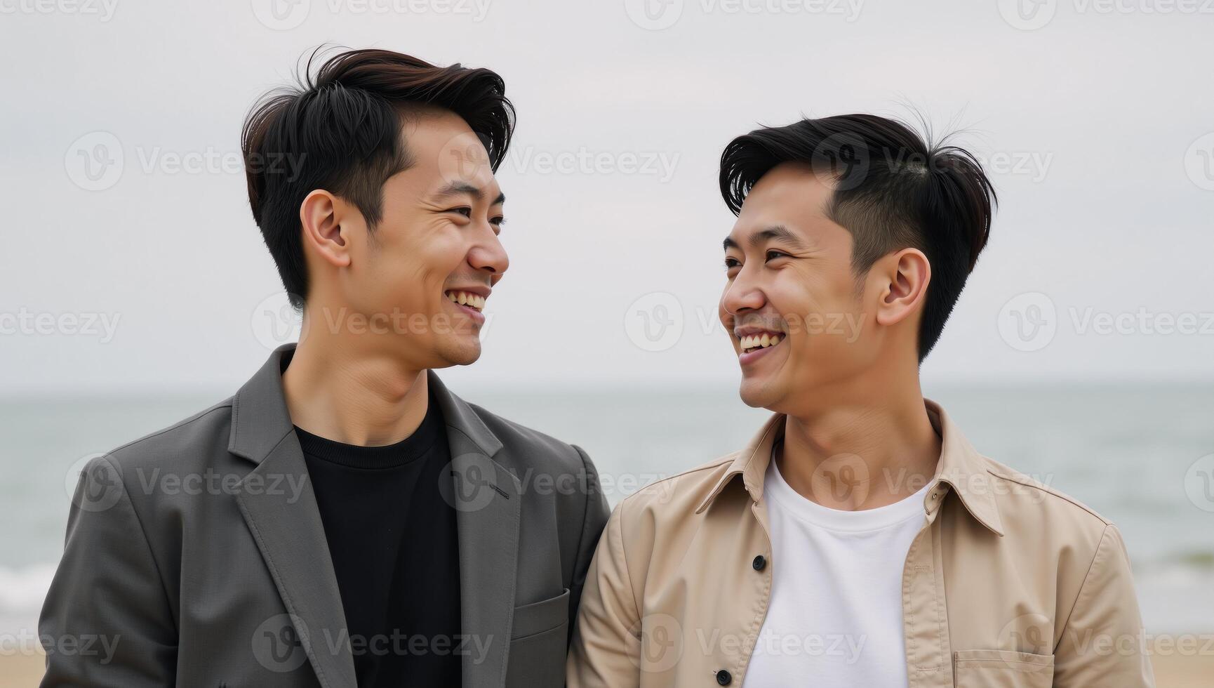 Portrayal of an affectionate young Asian gay couples joyful connection with subdued backdrop highlights their love and bond photo