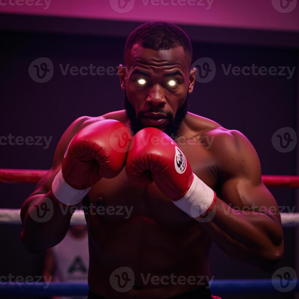 African American boxer midaction under bright pink neon lights with intense expression and shining eyes closeup reveals sweaty muscles embodying power and determination photo