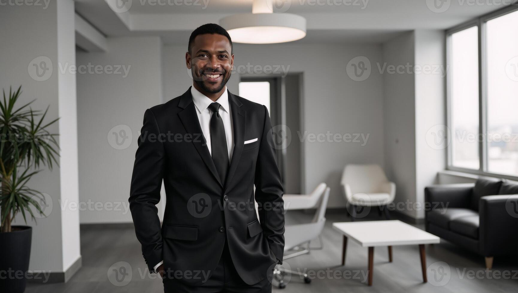 AfricanAmerican businessman portrayed with confidence in a modern office setting formal attire photo