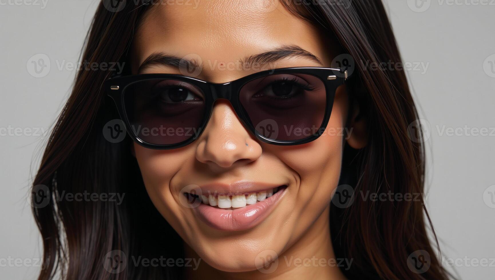 Closeup portrait of an African American woman in sunglasses looking at the camera with a smile photo
