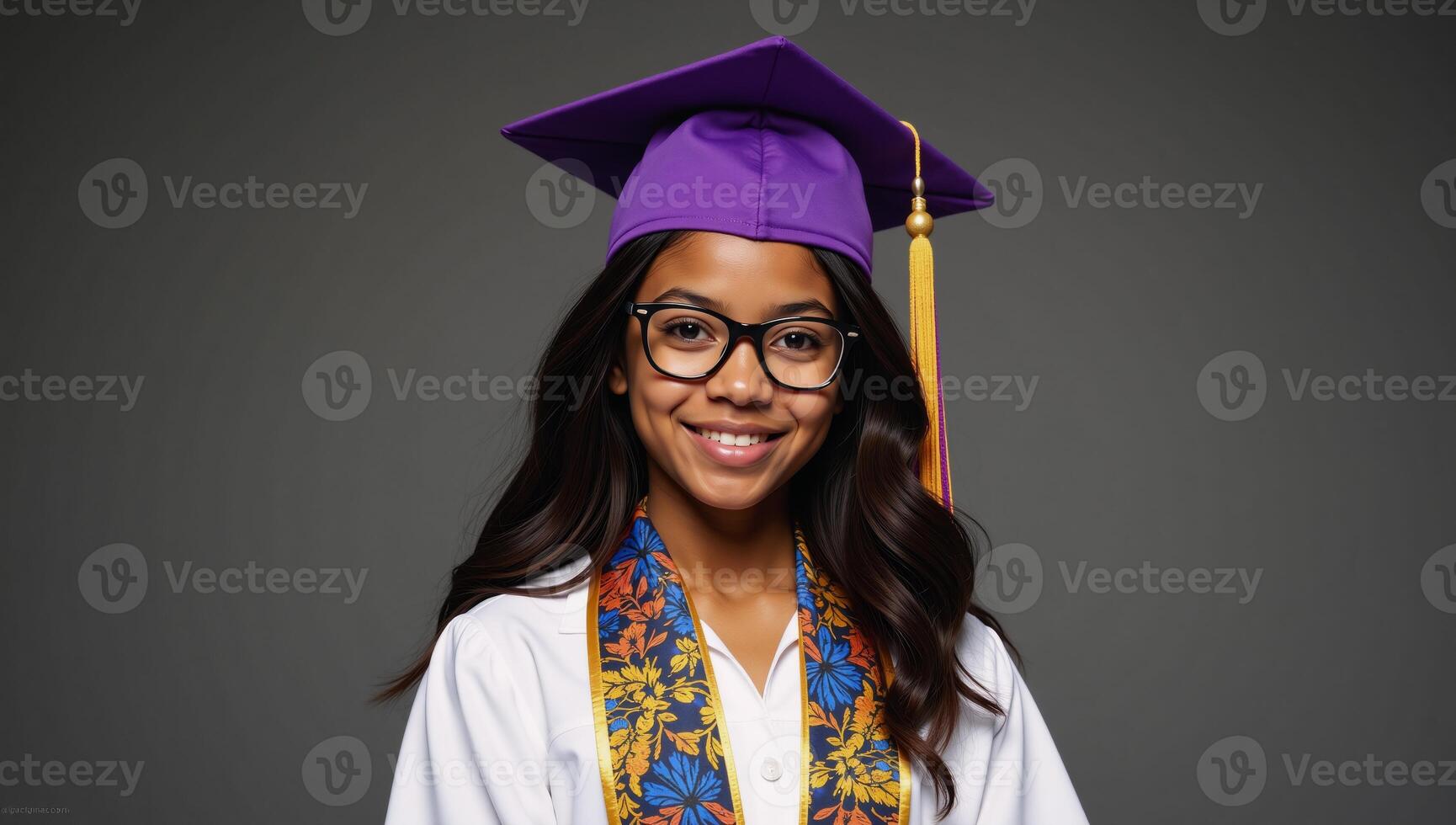 Cartoon illustration of an AfricanAmerican girl with long wavy hair wearing glasses purple graduation cap gown and African print sash photo