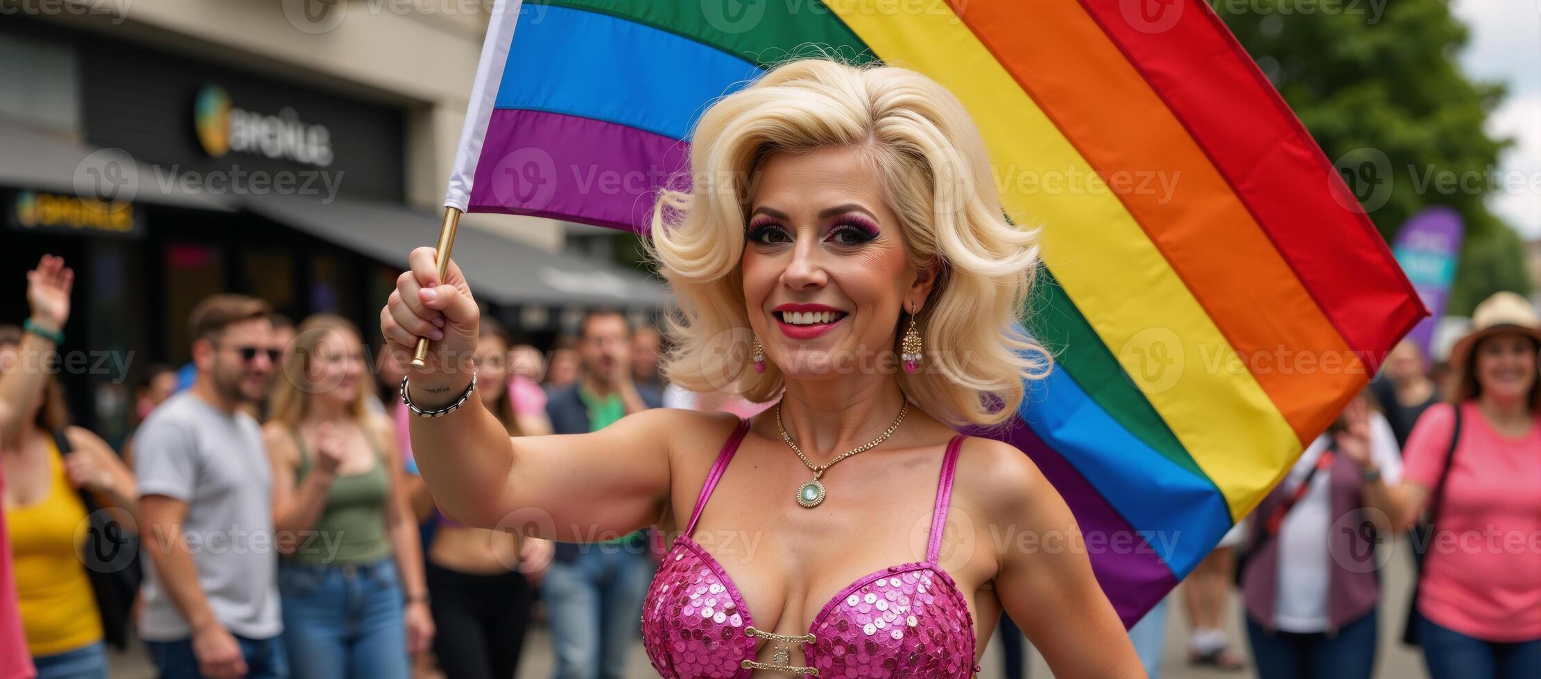 Drag Queen celebrates Gay Pride waving Rainbow Flag LGBTQ Social Movement photo