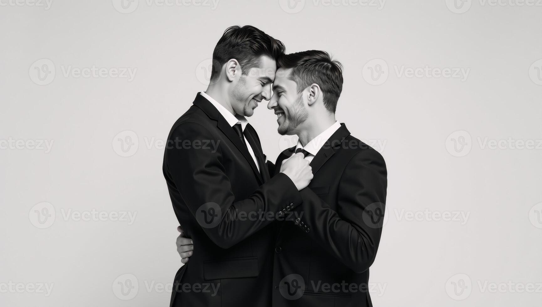 Rendering of an intimate gay couple with strong bond set against a clean background photo