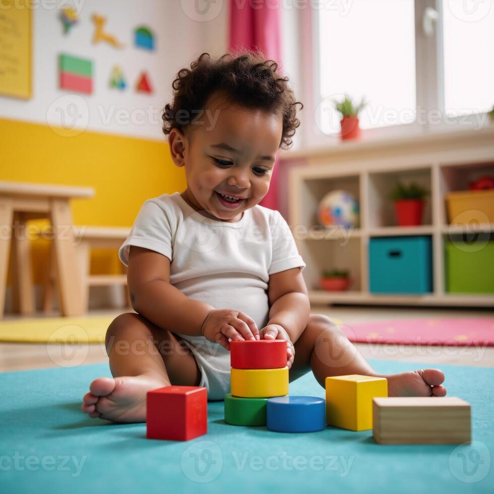 Joyful learning moment with an African American toddler engrossed in colorful wooden blocks set against a vibrant playroom backdrop photo