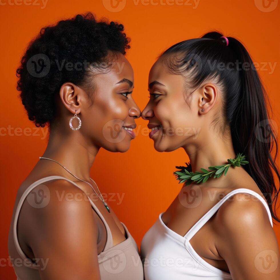 Two stylishly dressed young AfricanAmerican lesbians stand together romantically against an orange backdrop wearing wreaths around their necks and gazing off introspectively photo