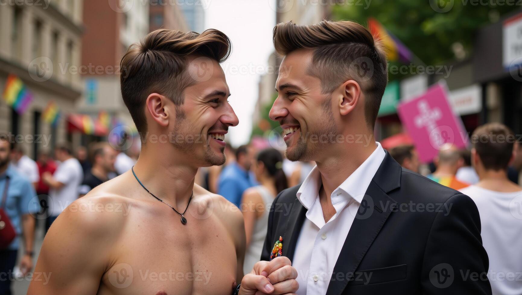 A gay pride portrait featuring two handsomely dressed men displaying their Pride colors and symbols photo