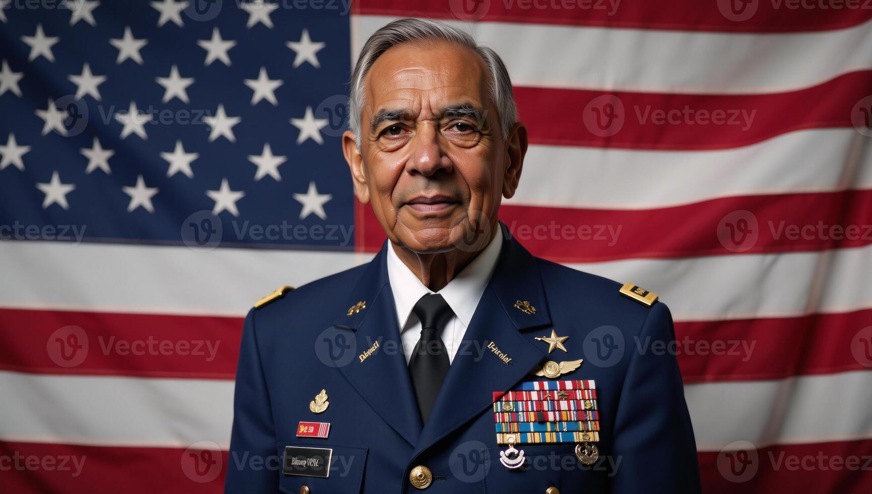 An elderly AfricanAmerican veteran stands proudly before an American flag in his military uniform adorned with medals for Veterans Day photo