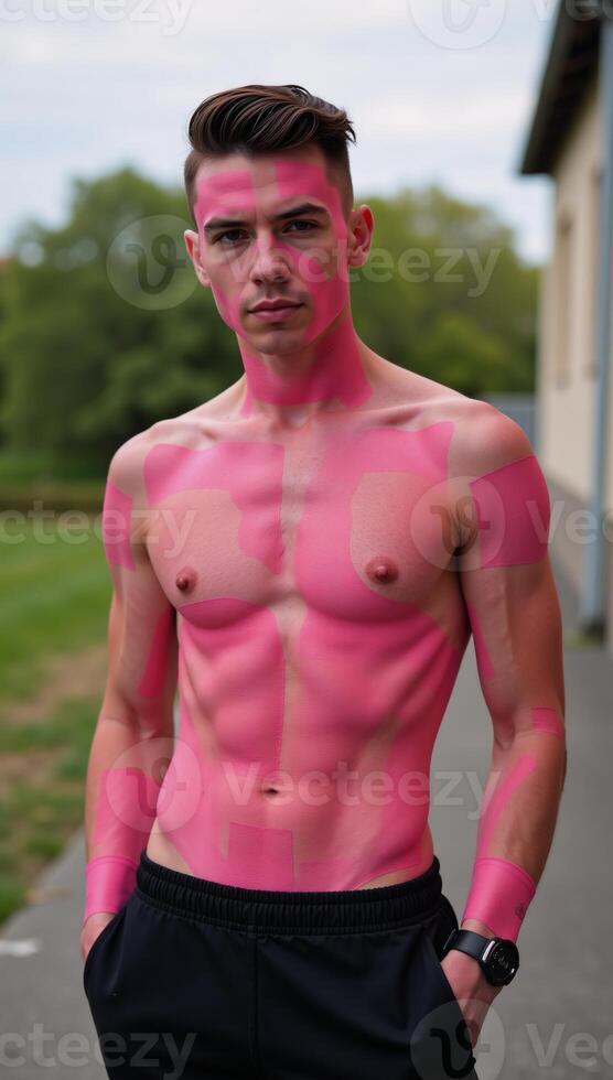 Professional outdoor shoot featuring a diverse young male fashion model with vitiligo showcasing a stylish pinkandblack look in the metrosexual aesthetic photo