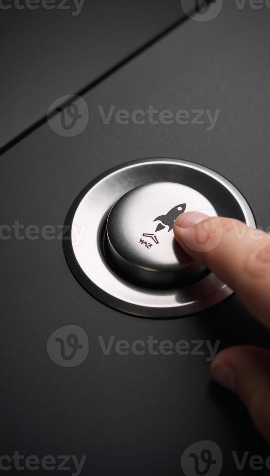 A buttonturning hand with a rocket icon representing maximum speed set against an intricate background photo