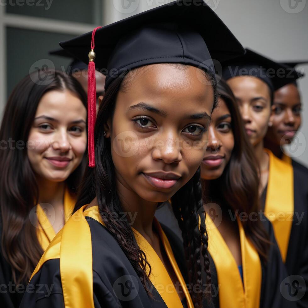 A closeup image features a group of focused young African Americans wearing matriculation gowns and hats standing united against a blurred background photo