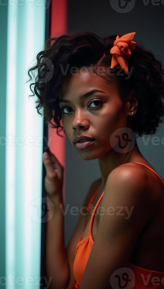Abstract backdrop features a vibrant African American woman portrait with curls and orange accents illuminated by neon lights Design header photo