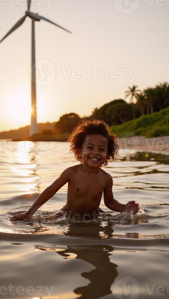 An African American child enjoys playing in water during sunset beside wind turbines showcasing an ecofriendly energy theme blending human connection with technology photo