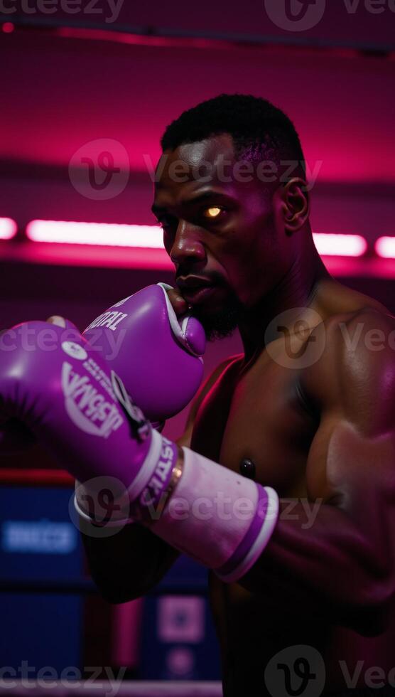 African American boxer midaction under bright pink neon lights with intense expression and shining eyes closeup reveals sweaty muscles embodying power and determination photo