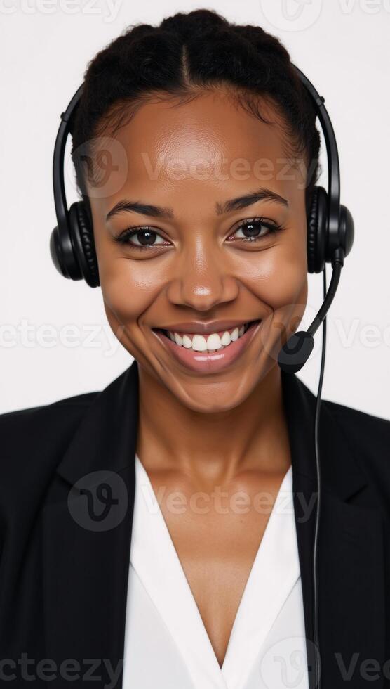 A supportive agent Smiling AfricanAmerican lady wearing a headset photo
