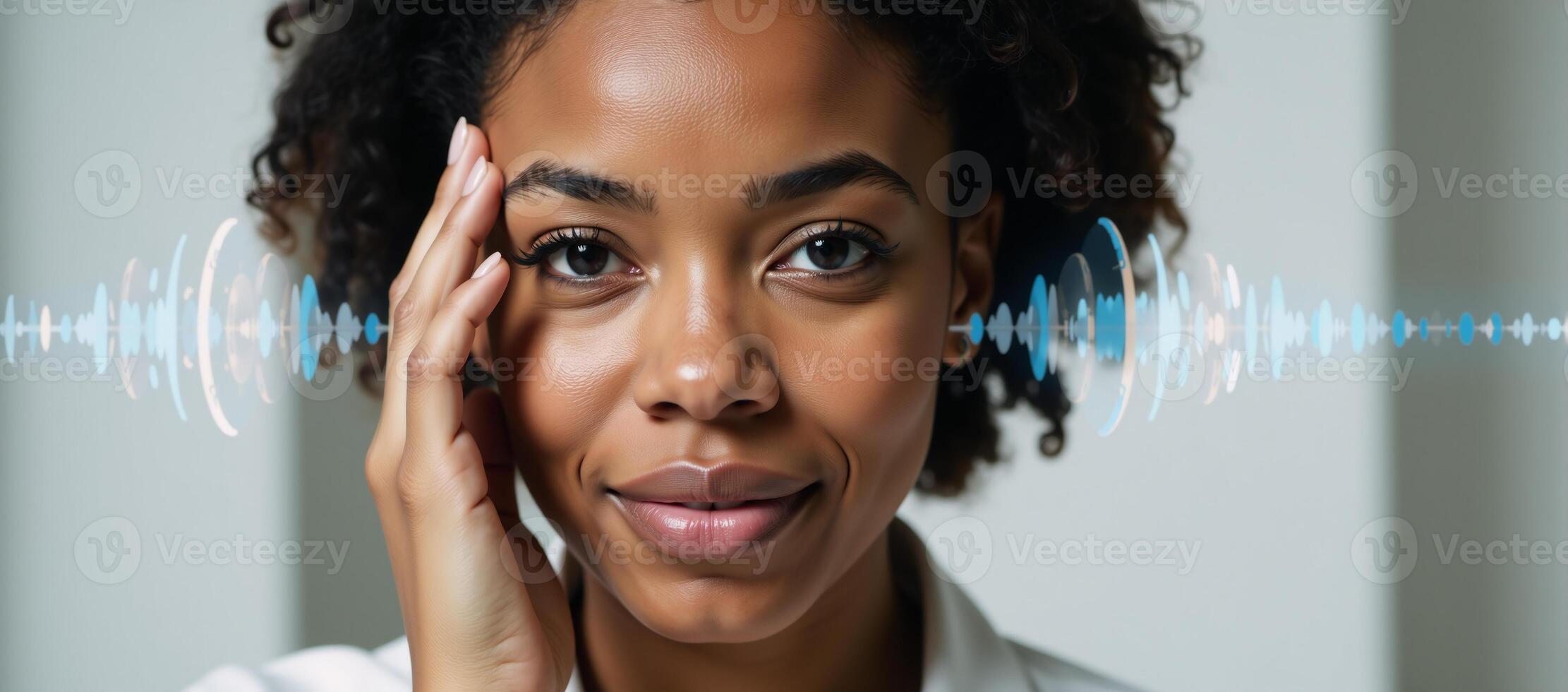 An African American woman is depicted in a closeup headshot surrounded by digital sound waves and holographic circles in an augmented reality setting with her hand touching her head against a blurred photo