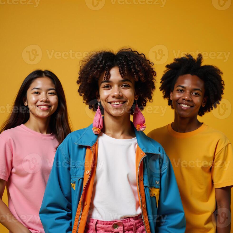 illustration featuring an upbeat stylish GenerationZ teenager of African American descent smiling against a neutral beige backdrop photo