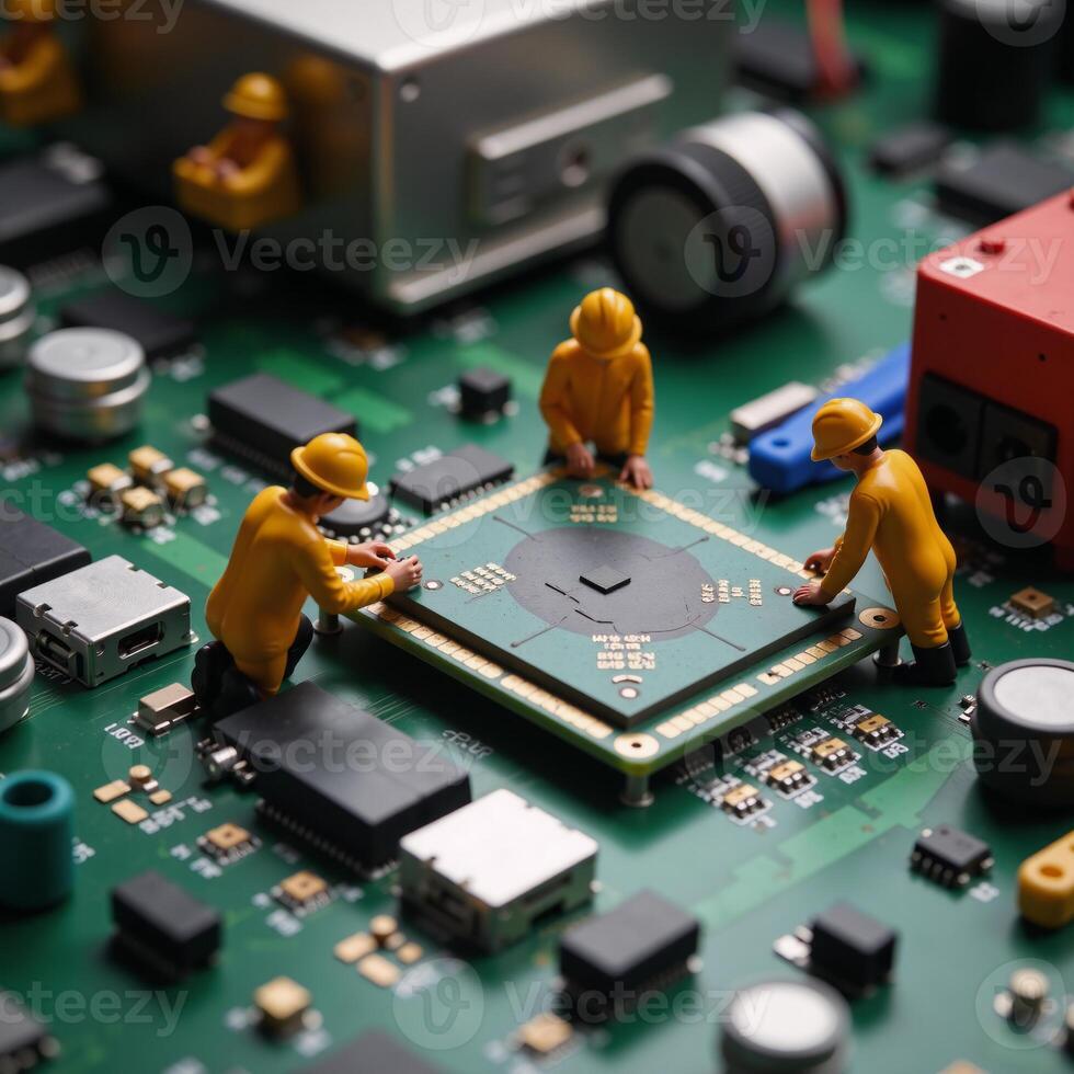 Creative miniature construction workers constructing microchip circuit board technology concept photo