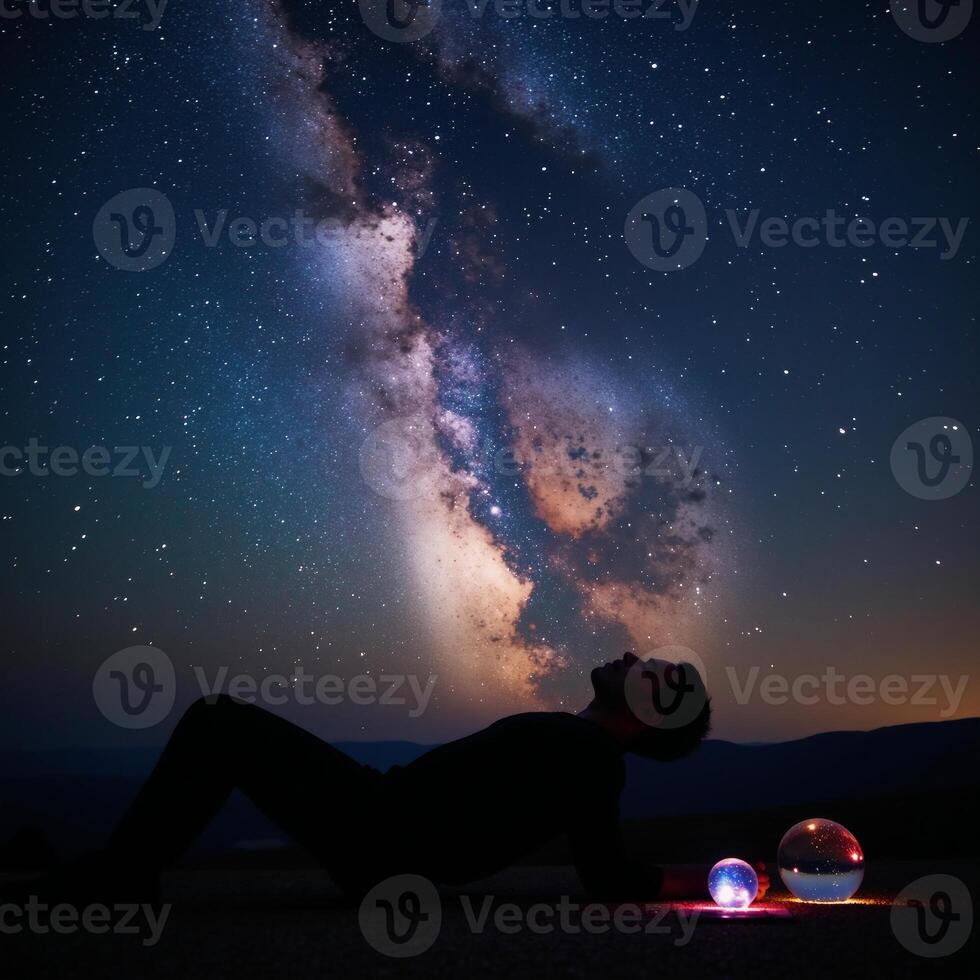 Dreaminspired portrait featuring an astral silhouette of an African American man beneath starry skies with fortune telling connotations photo