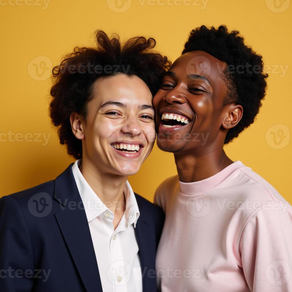 A portrait showcases an AfricanAmerican young couple aged around 20 sharing laughter on a pastel yellow backdrop as they celebrate their first love photo