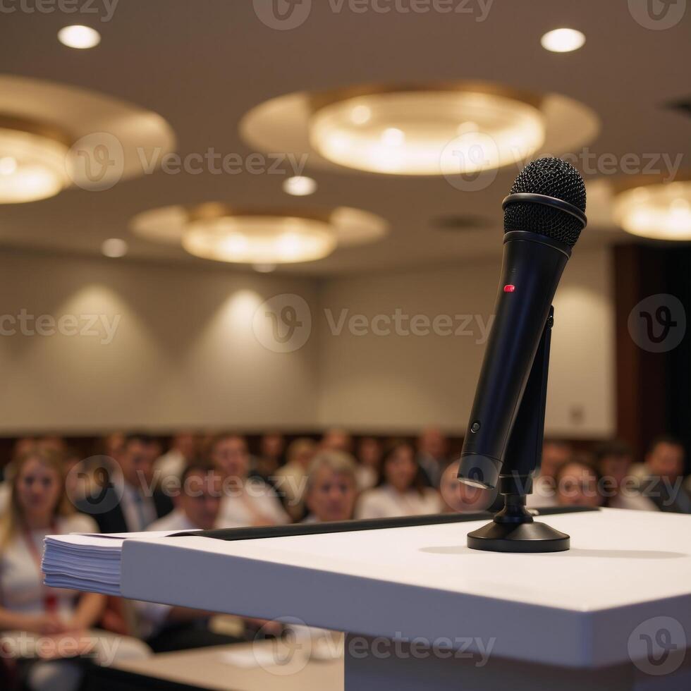 Microphone set on podium awaits conference speaker photo
