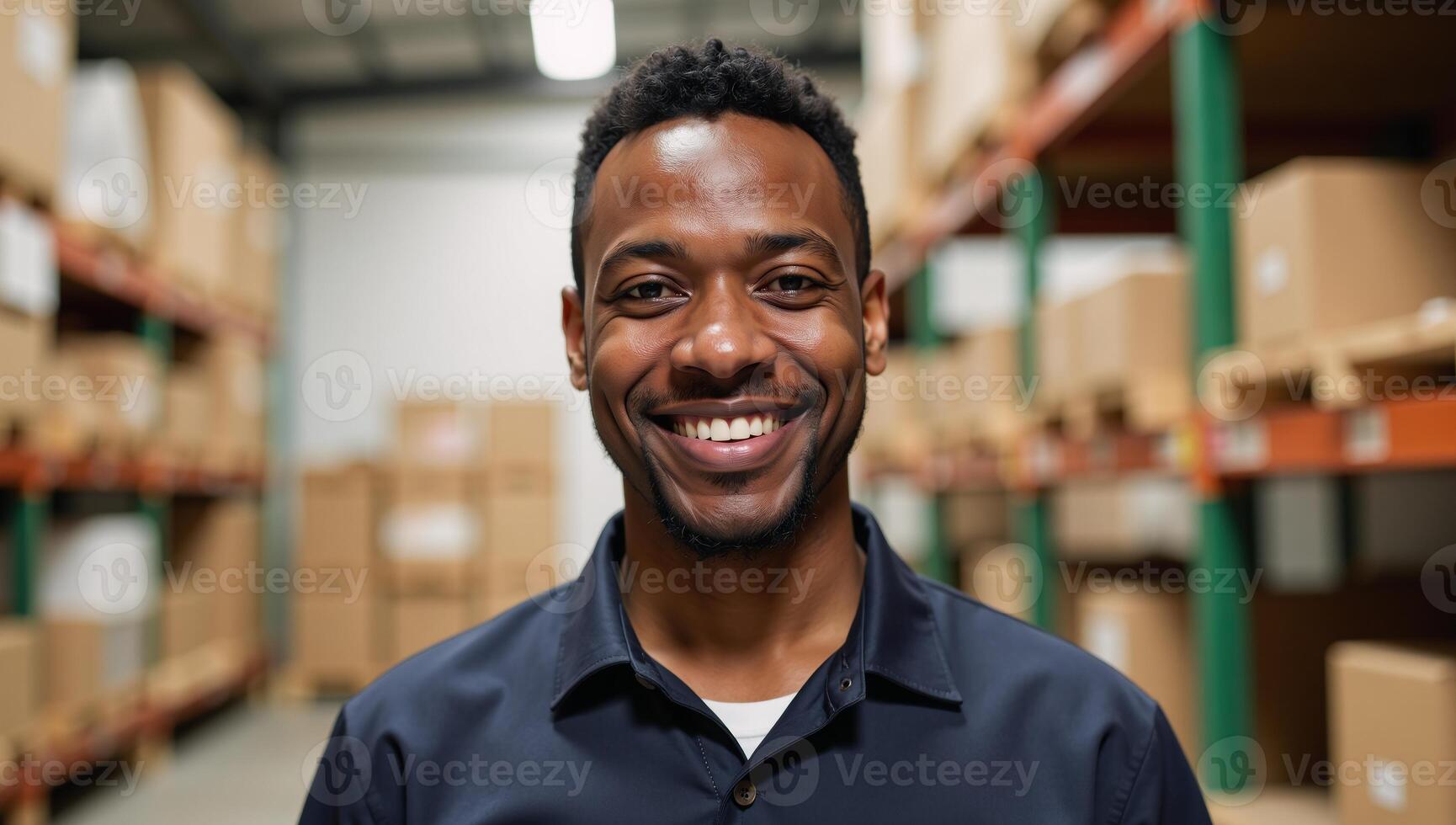 Illustration features smiling AfricanAmerican warehouse worker wearing uniform gazes directly into camera photo