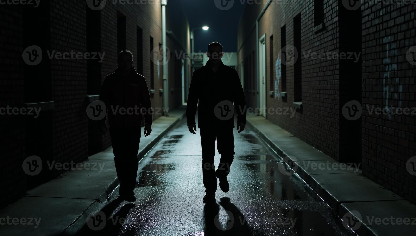 Shadows move through a rainsoaked dangerous urban landscape at night photo