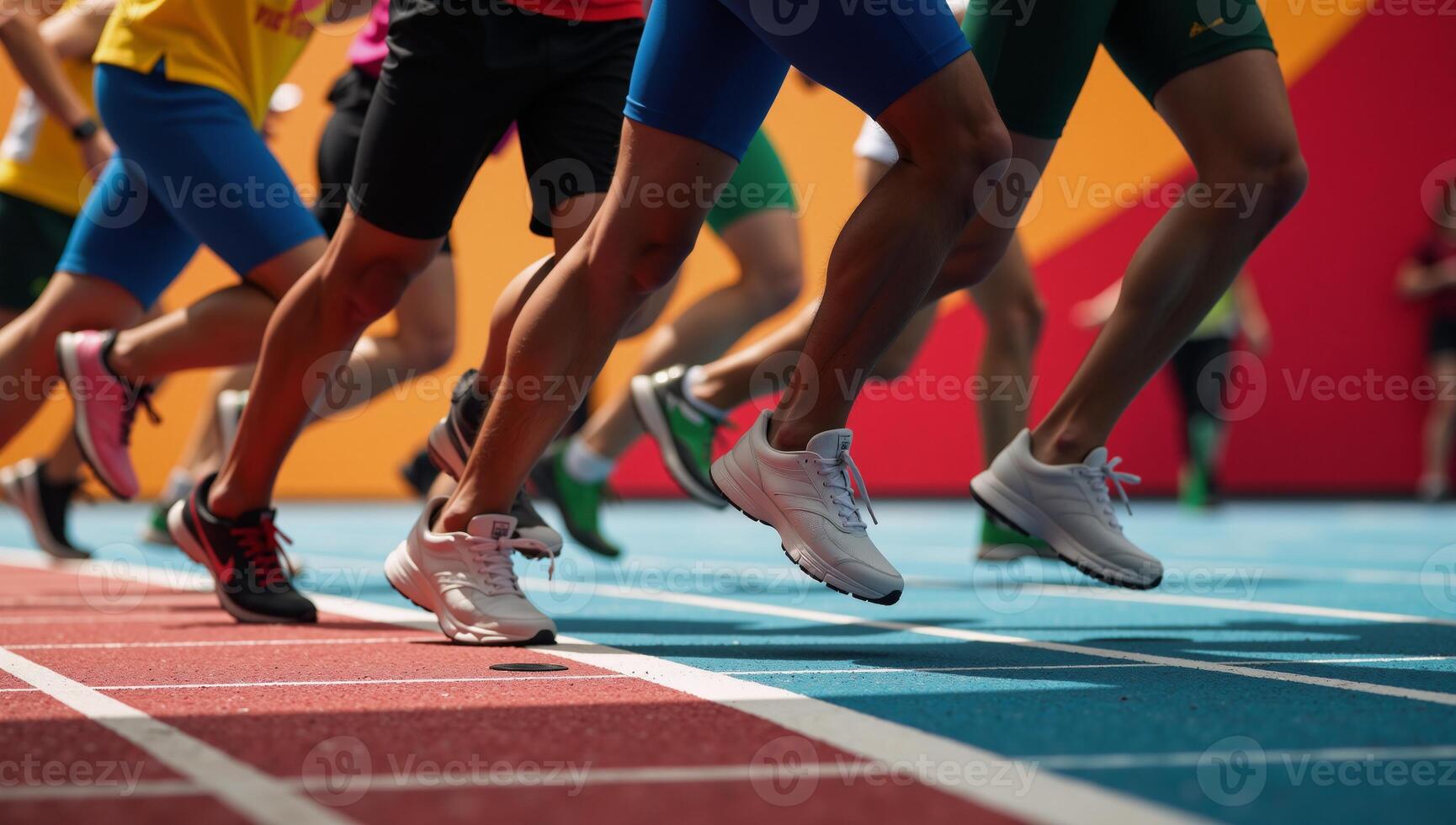 A dynamic scene featuring runners as vibrant moving shadows racing ahead photo