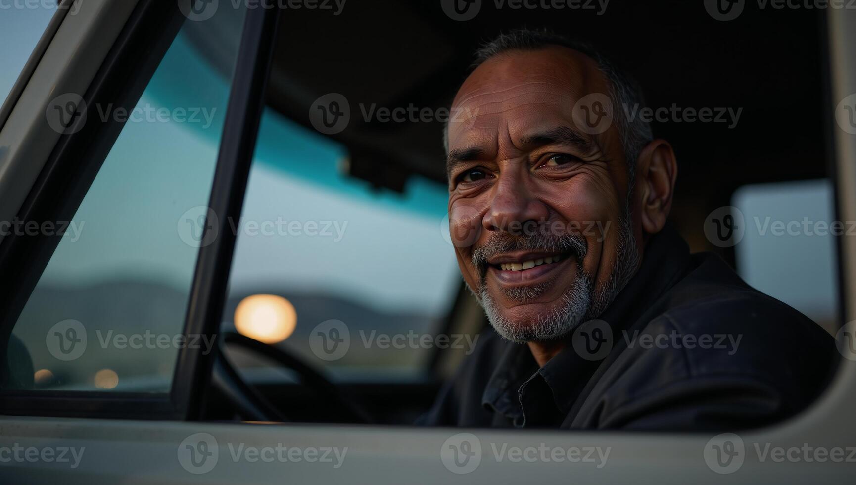 Closeup portrait of an aging African American trucker smiling warmly within his nighttime cabin photo
