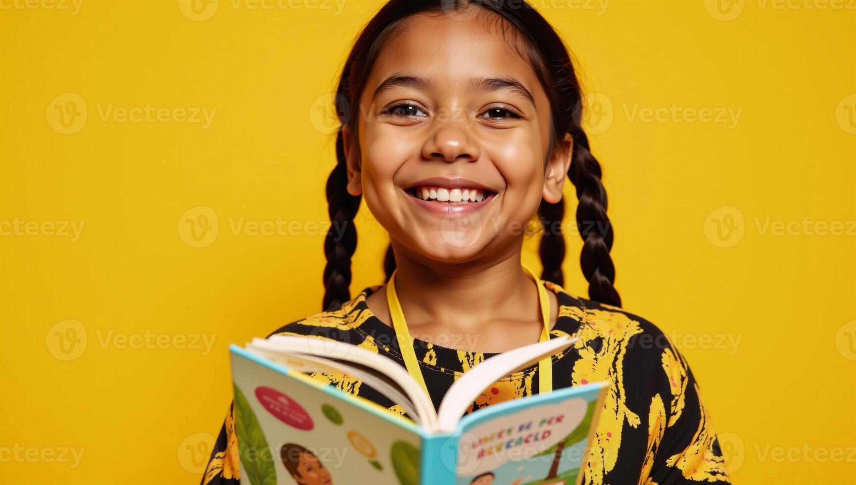 A joyful young Black girl holds a book on a sunny backdrop photo