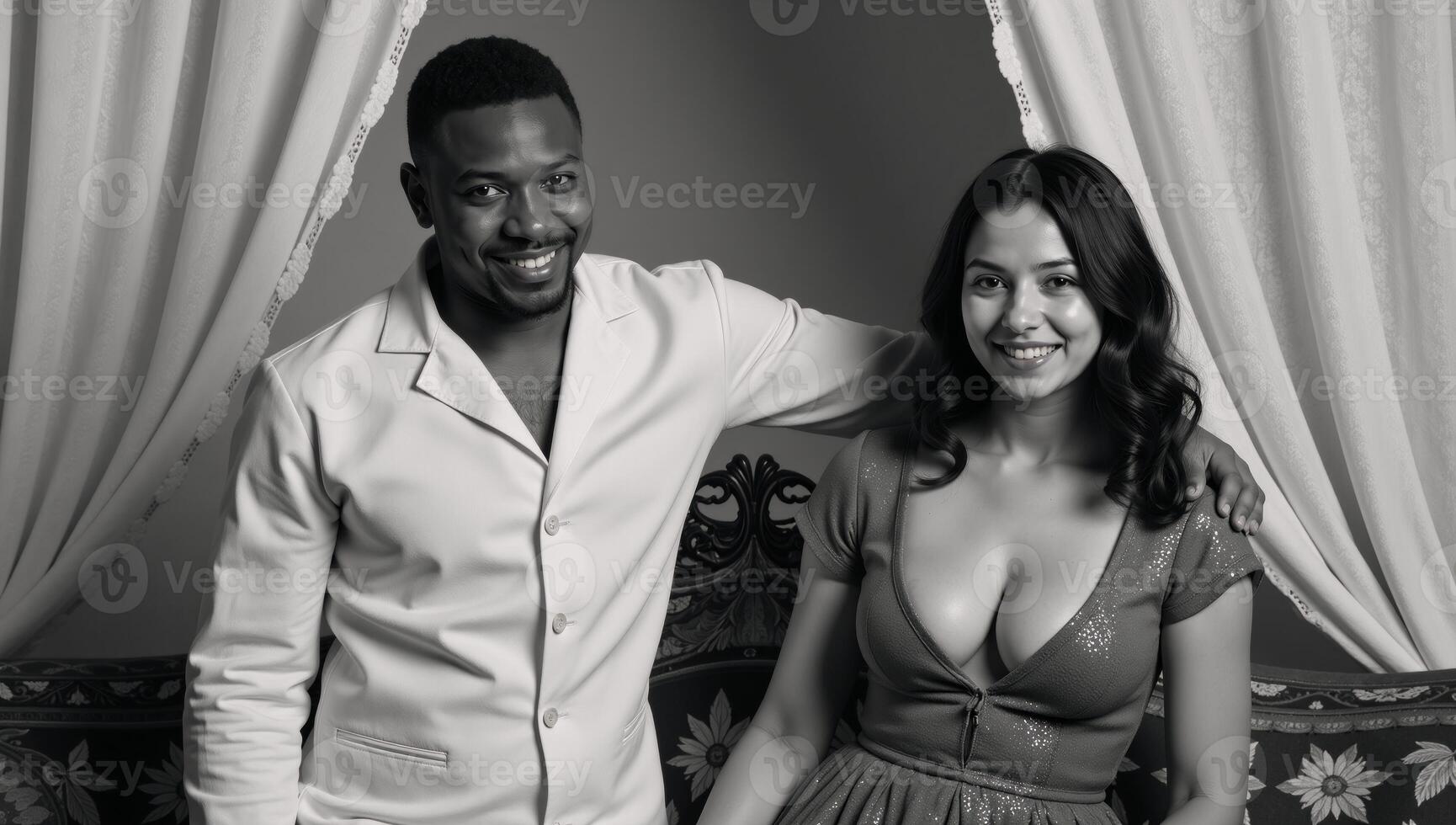 Vintage Retro Family Portrait African American Man Wife Daughter Posing Together photo