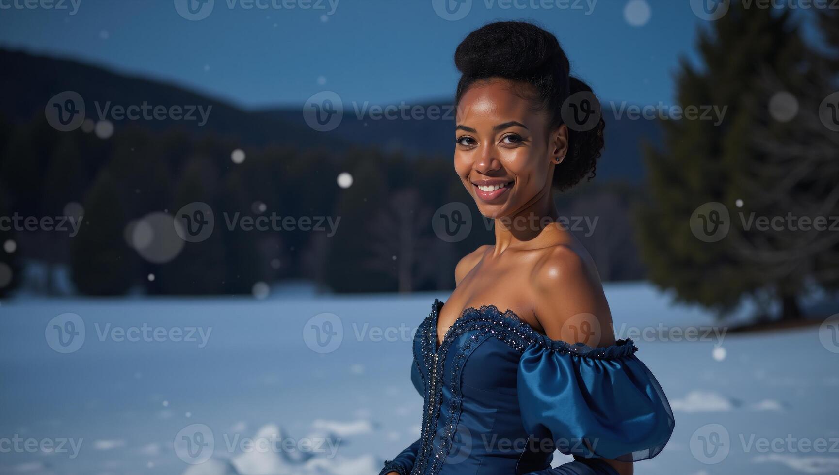 A black teenager is depicted in an ethereal frock from a retrovintage historical romanceinspired fairy tale collection with her hair styled up and against the backdrop of a wintry setting featuring photo