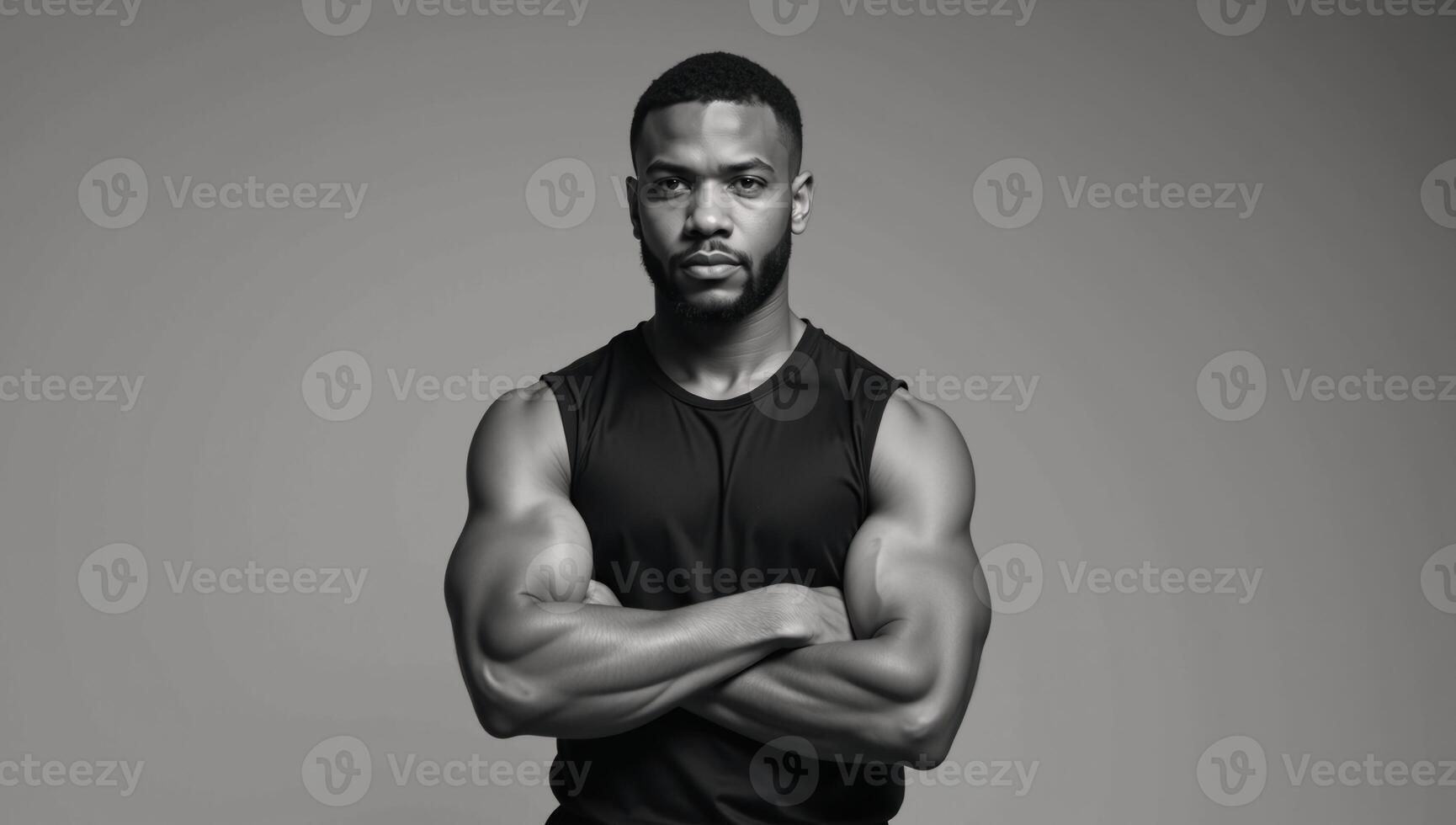 A young serious black man poses with arms crossed in activewear at a gym setting photo