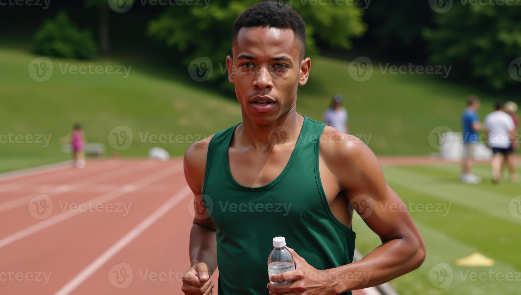 African American athlete depicted with a water bottle on a running track photo