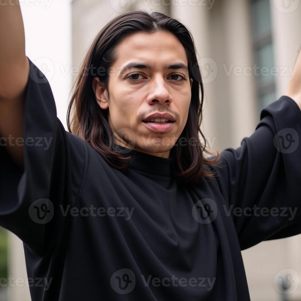 A powerful handsome longhaired Black prophet or savior is depicted with arms raised as an emblem of freedom and African American diversity in the image photo