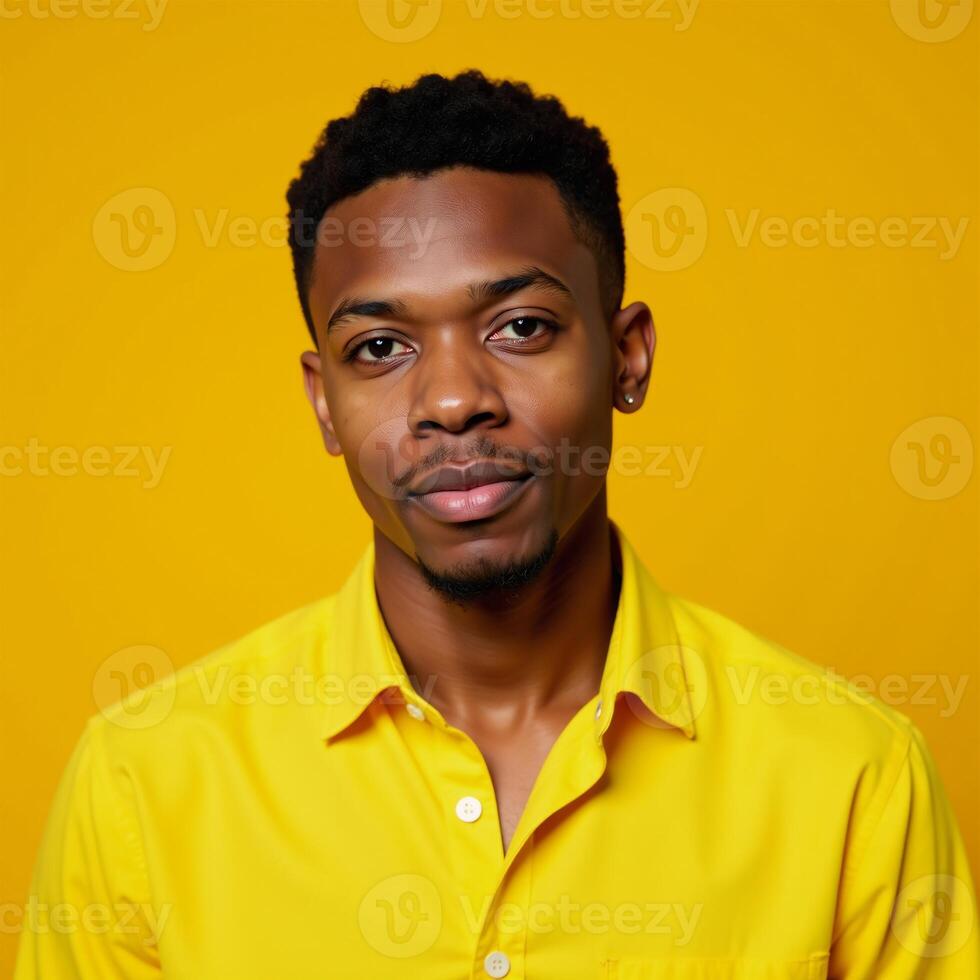 A lively image featuring a youthful African American man in a bright yellow top photo