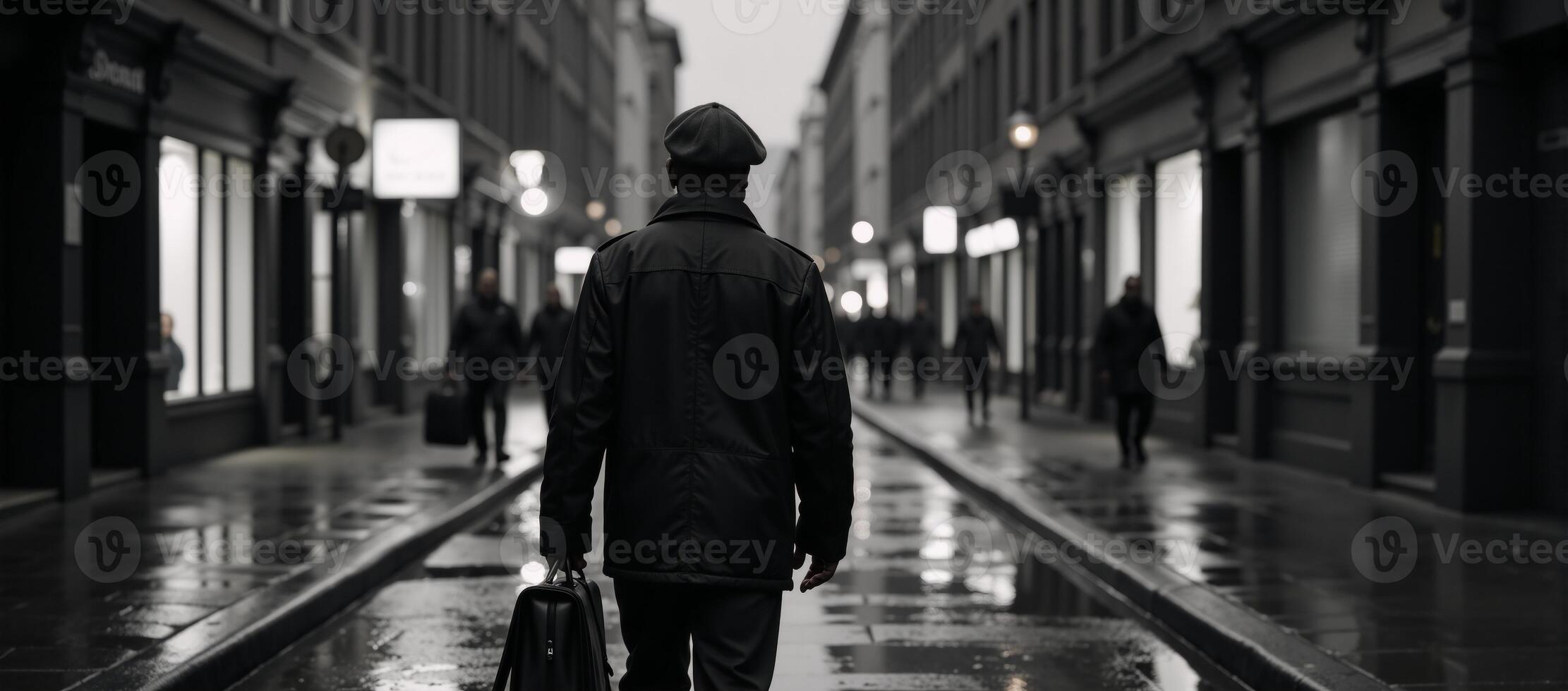 African American male wearing a warm hat strolling down a rainsoaked city street during twilight photo