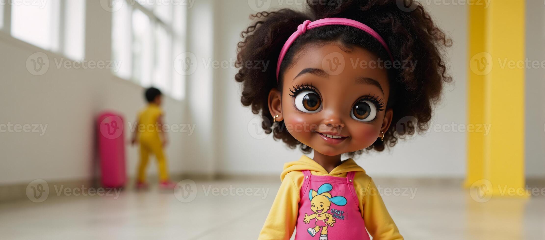 Cartoon image featuring an AfricanAmerican girl with hazel eyes long lashes curly hair in sneakers and a trendy pink outfit photo