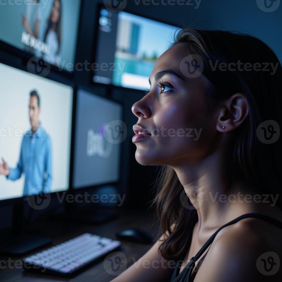 Closeup of African American woman watching videos in dimly lit room with blue accent lighting photo
