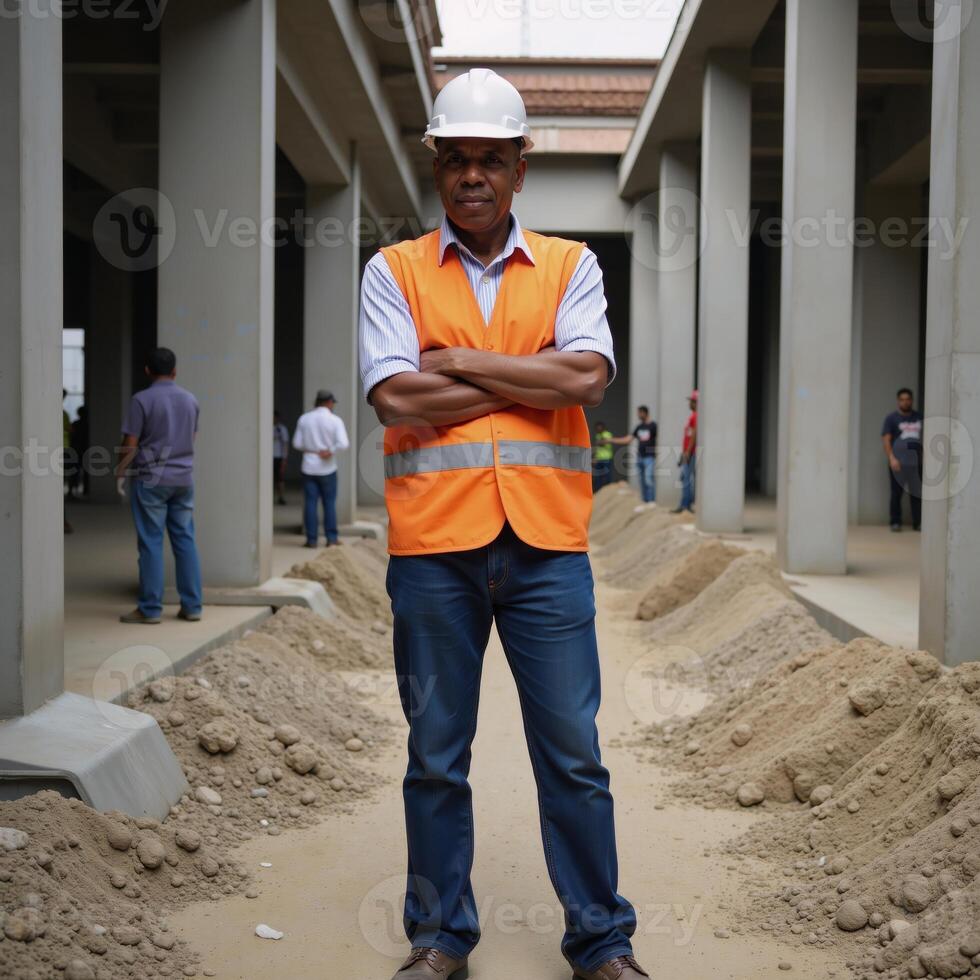 Senior AfricanAmerican construction worker checks building framework amidst busy colleagues photo