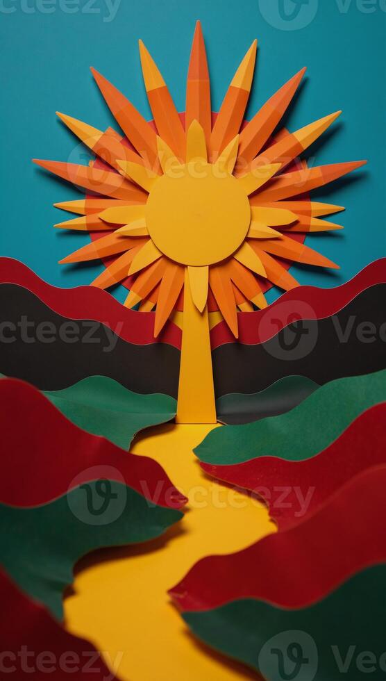 Vivid abstract paper landscape depicting rising sun symbolizing Juneteenths message of African American freedom and independence photo