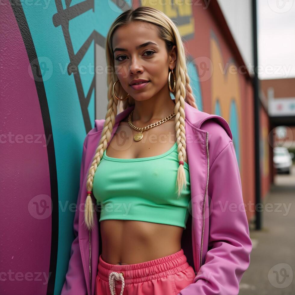 African American female rapper sporting vibrant attire golden accessories and braids stands boldly against a vivid backdrop photo