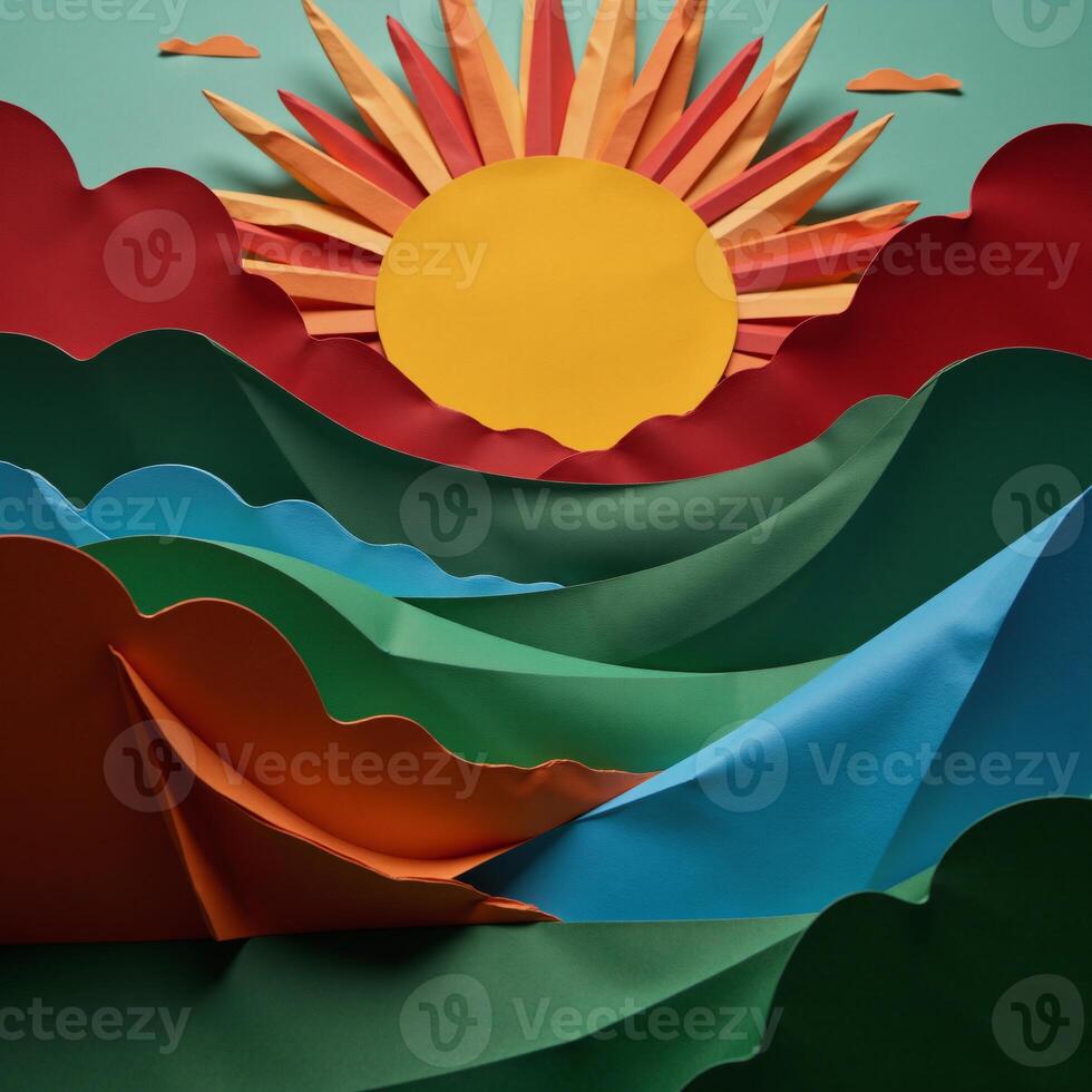 Vivid abstract paper landscape depicting rising sun symbolizing Juneteenths message of African American freedom and independence photo
