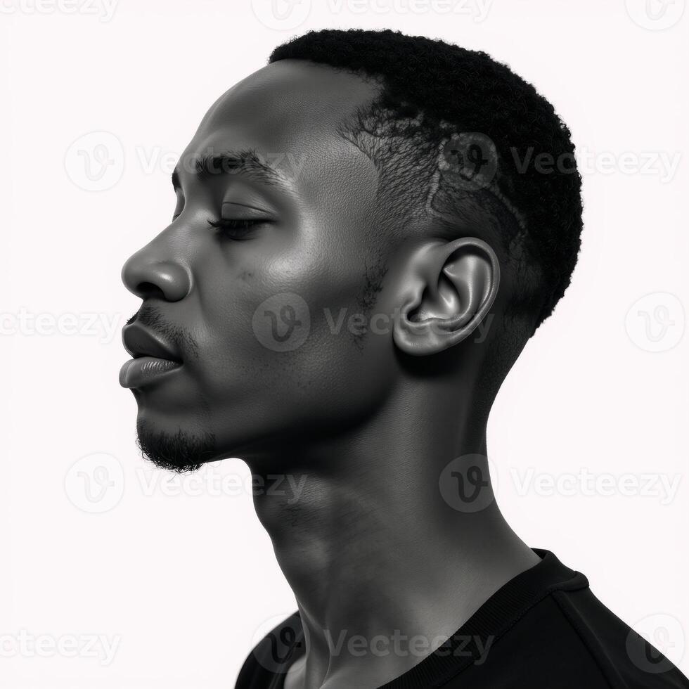 A blackandwhite double exposure portrait showcases a serene African American man sitting within a forest backdrop against a stark white background his closed eyes convey an air of contemplative peace photo