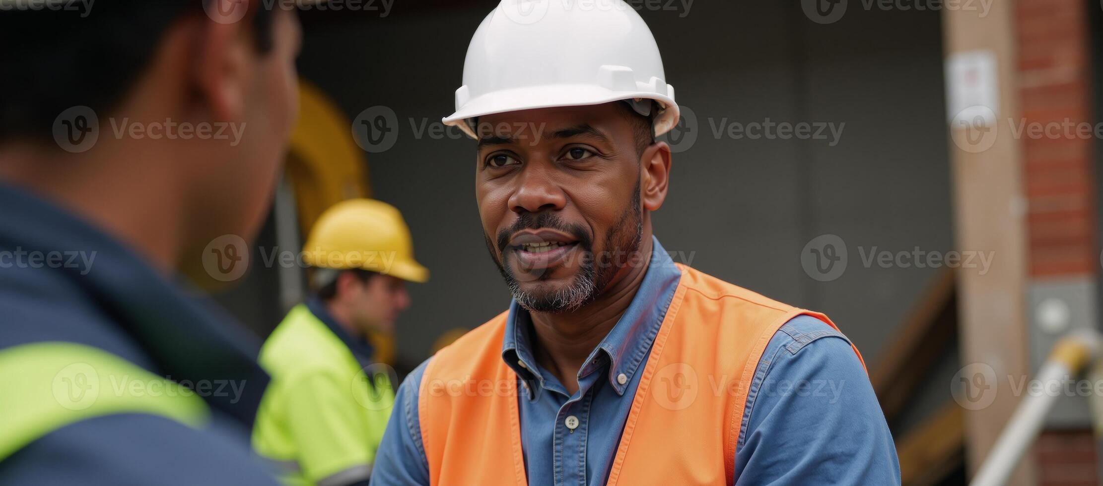 Middleaged African American construction worker engaged in discussion with colleagues while wearing safety gear and surrounded by active work site photo
