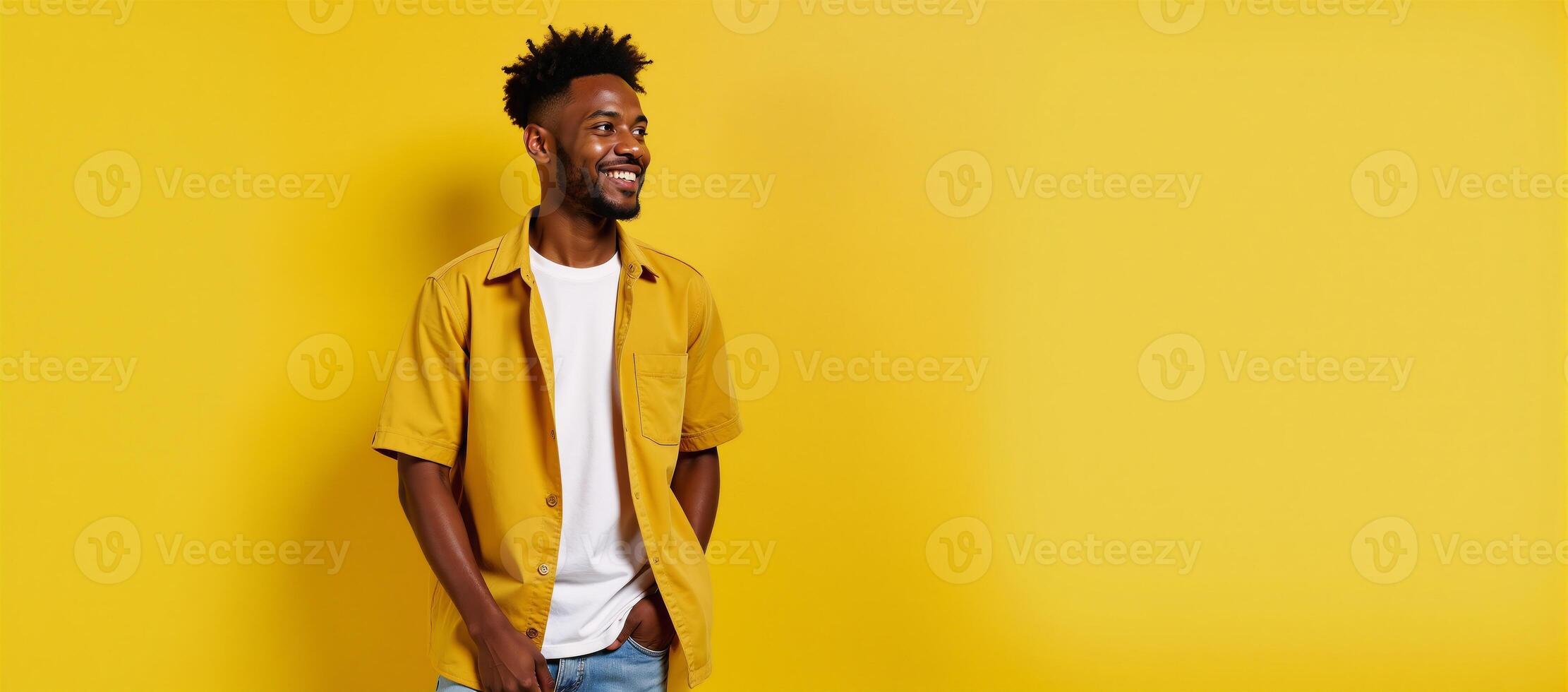 A cool stylish Gen Z black hipster stands on a bright yellow backdrop gazing off into ad space with a happy expression photo